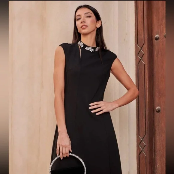 Black A line formal high neck dress with cap sleeves and crystal neckline​ - Picture 2 of 10